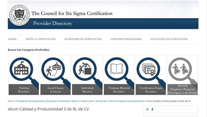 Ficha de Alium Calidad y Productividad en el directorio de proveedores de The Council for Six Sigma Certification