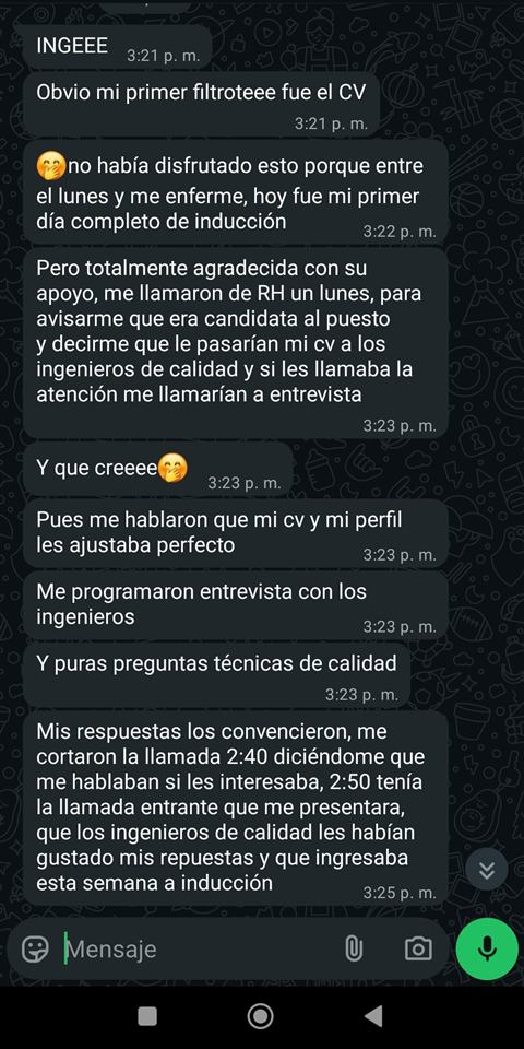 Fragmento de conversación real con una practicante de ingeniería (nombre y foto ocultos por privacidad)